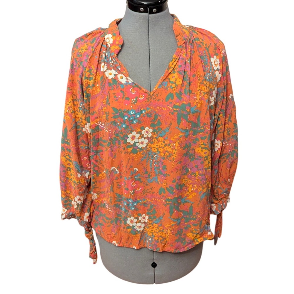 Cynthia Rowley Floral Print V Neck Peasant Blouse Top Women's Size‎ Small